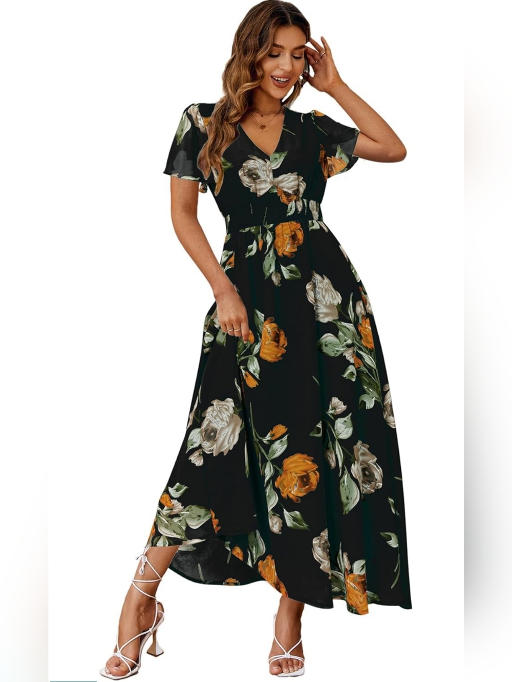 Women's Flowy Floral V-Neck Short Sleeve Maxi Dress, Black Orange Sage, Size L